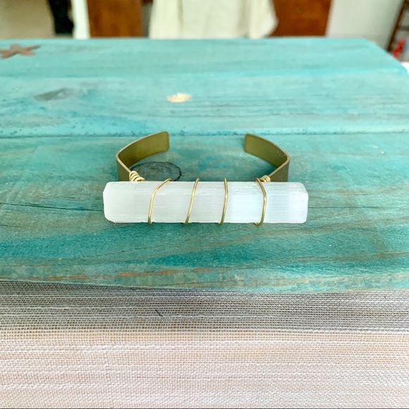 Selenite & Brass Wire Geometric Cuff Bracelet - Picture 7 of 8